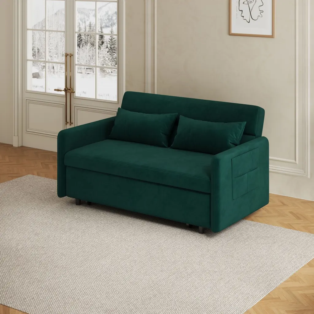 54'' Green Velvet Sofa Bed Two Pillows Small Spaces ylf fff