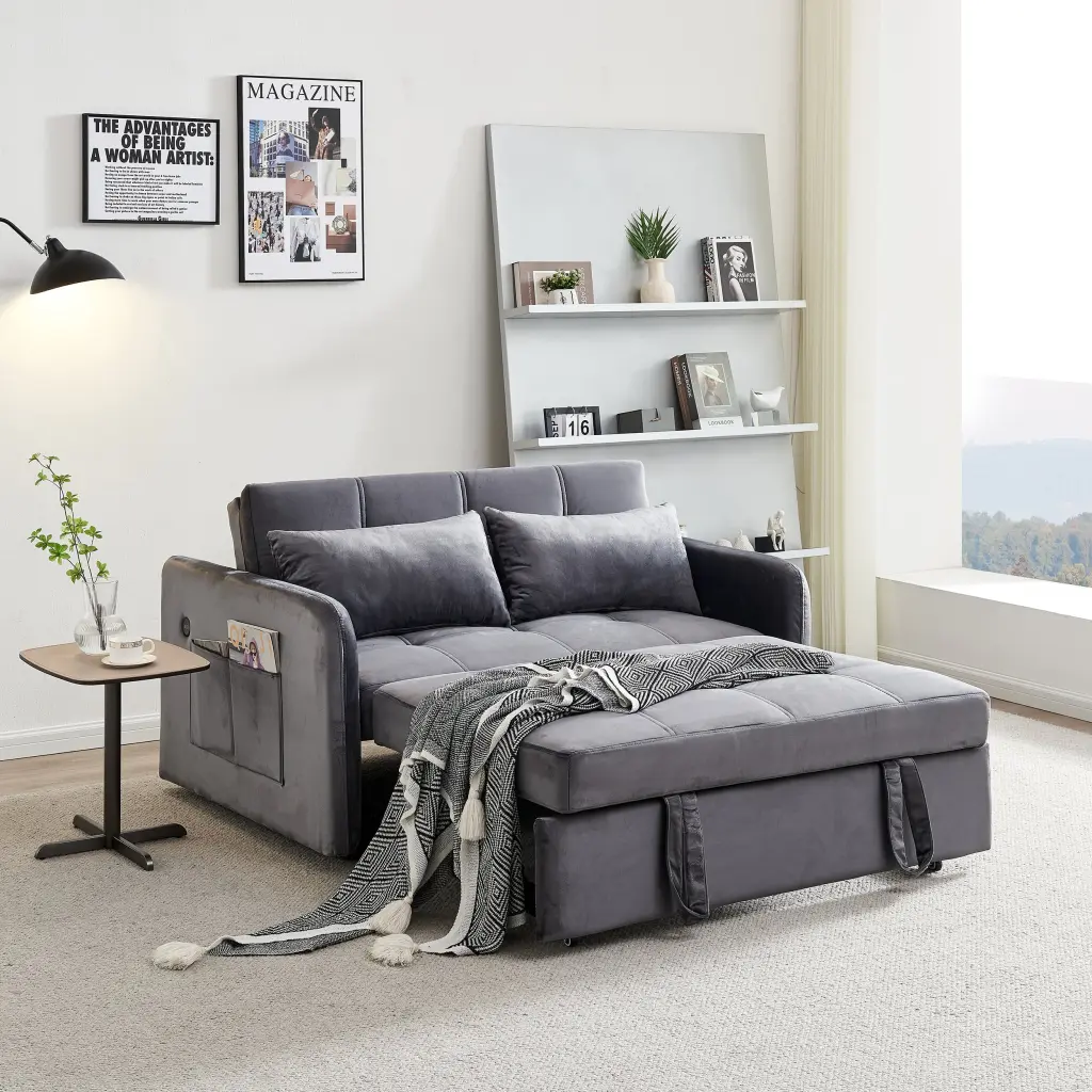 55.5 Inch Twins Pull Out Sofa Bed Grey Velvet Grey Foam hdf store