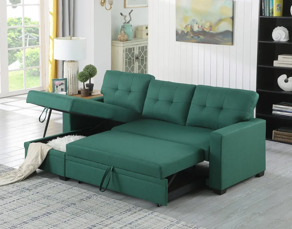 Upholstered Pull Out Sectional Sofa Chaise Green Foam Linen cynthia-s furniture
