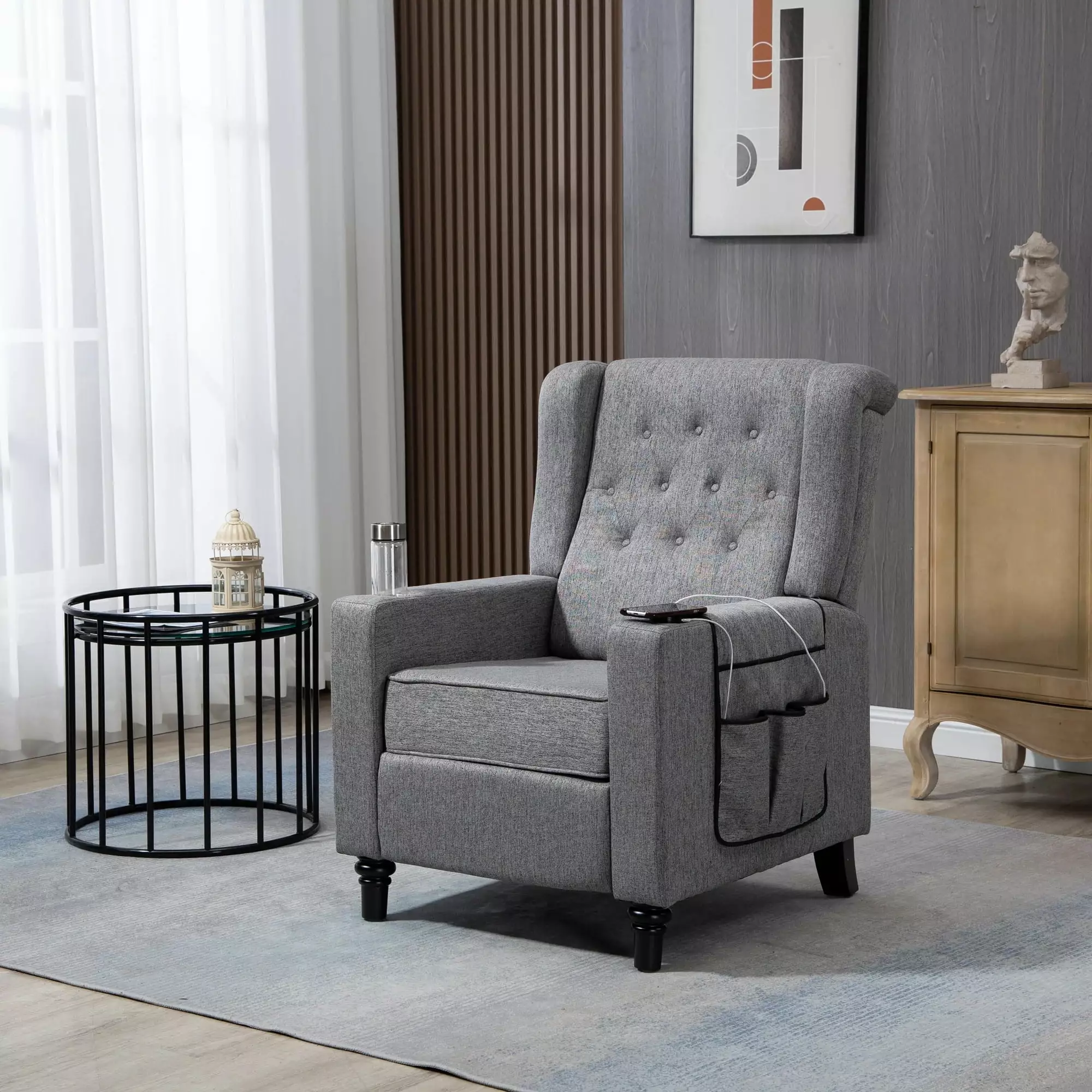 Arm Pushing Recliner Chair Modern Button Tufted Wingback Push Back Recliner Dark Gray