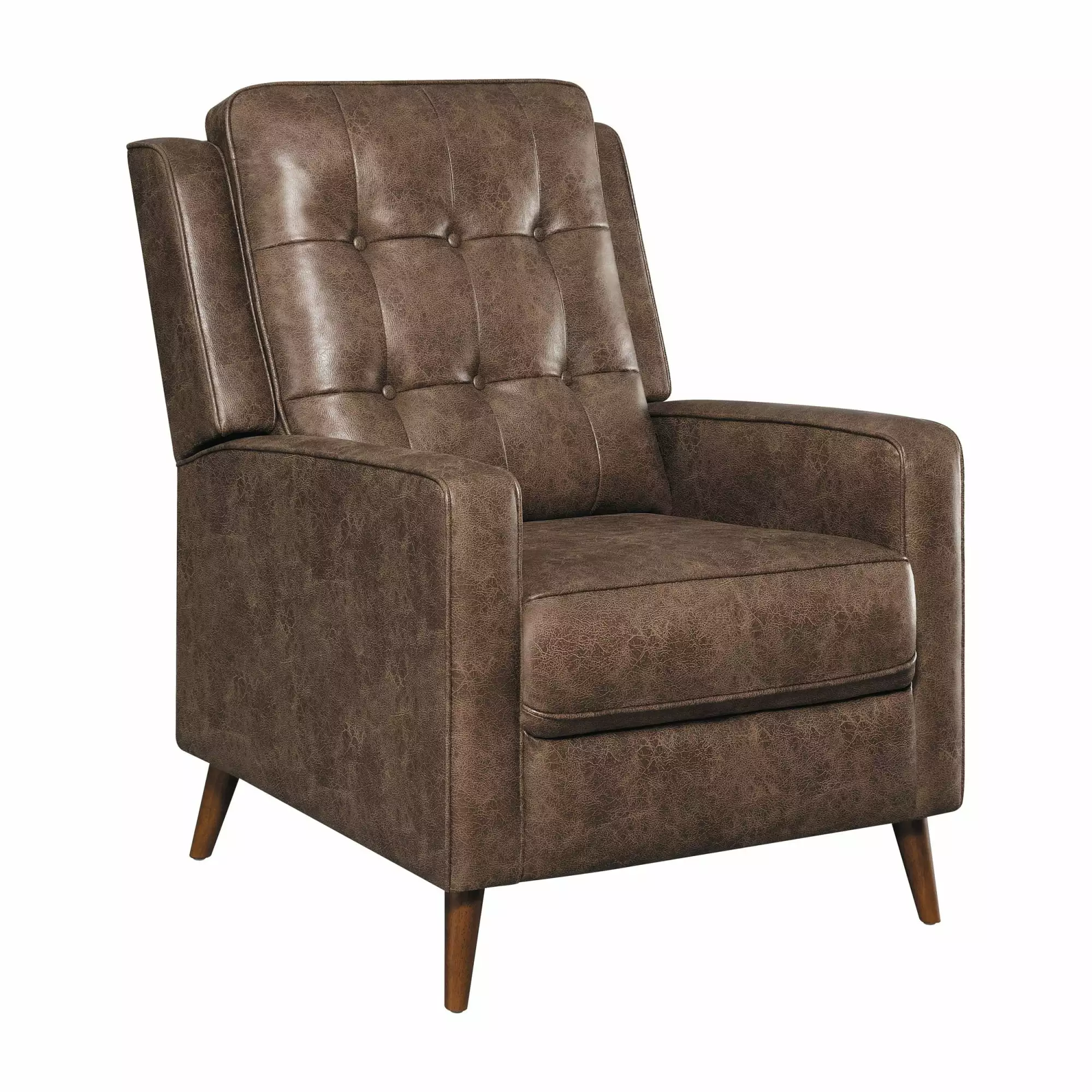 31 Inch Push Back Recliner Tufted Design and Tapered Legs Rich Brown Faux Leather Benjara