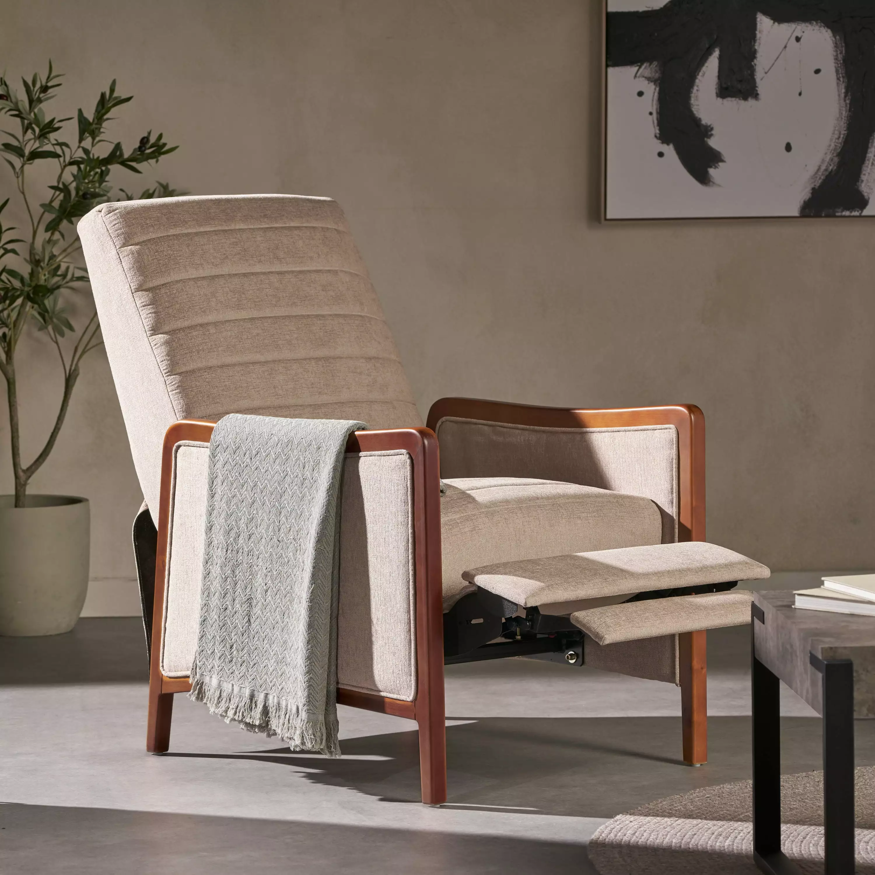 CoSoTower Mid Century Modern Fabric Channel Stitch Wood Pushback Recliner