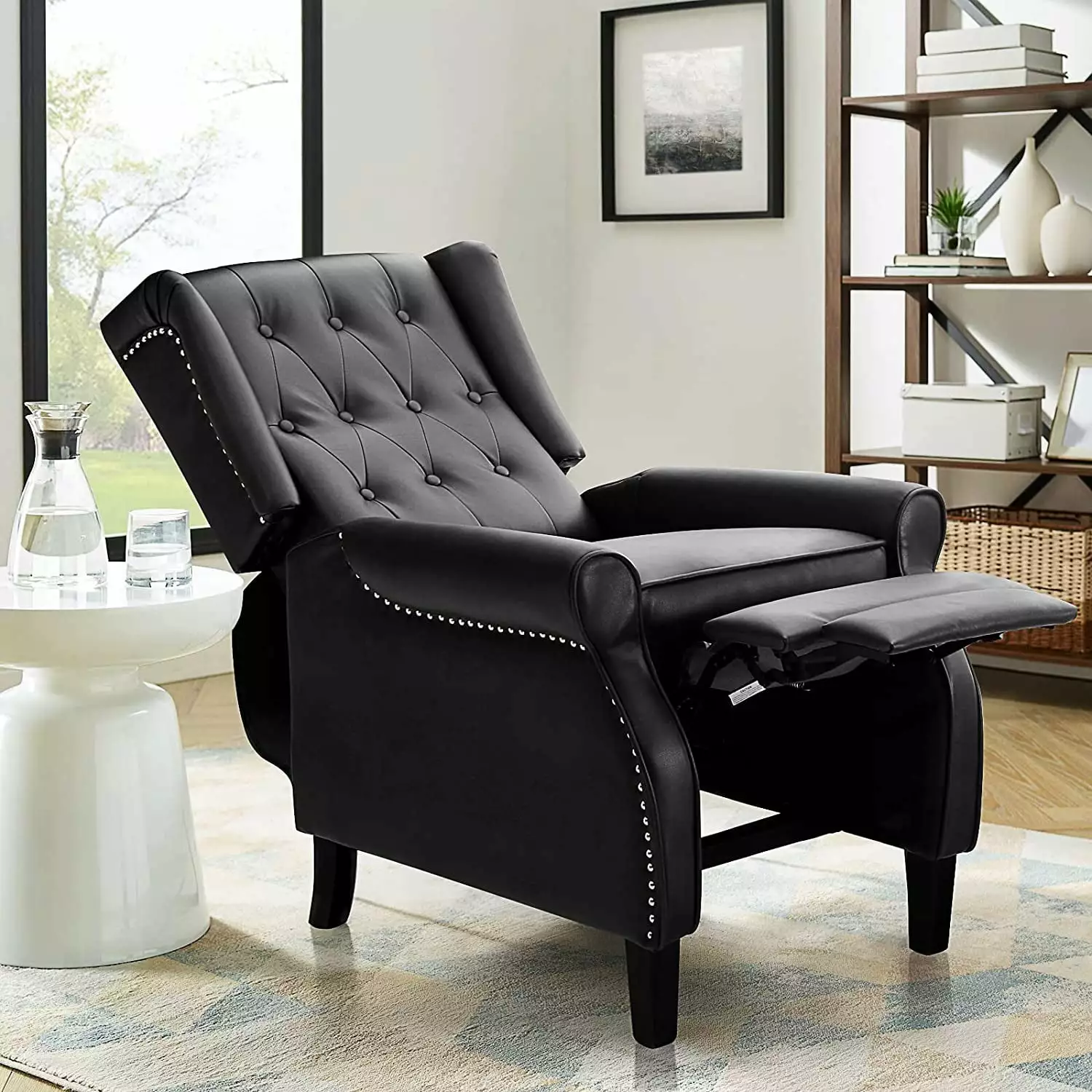 MERITLIFE Leather Push Back Recliner Chair Thick Seat Nailhead Accents Button-Tufted Wing Recliner Black