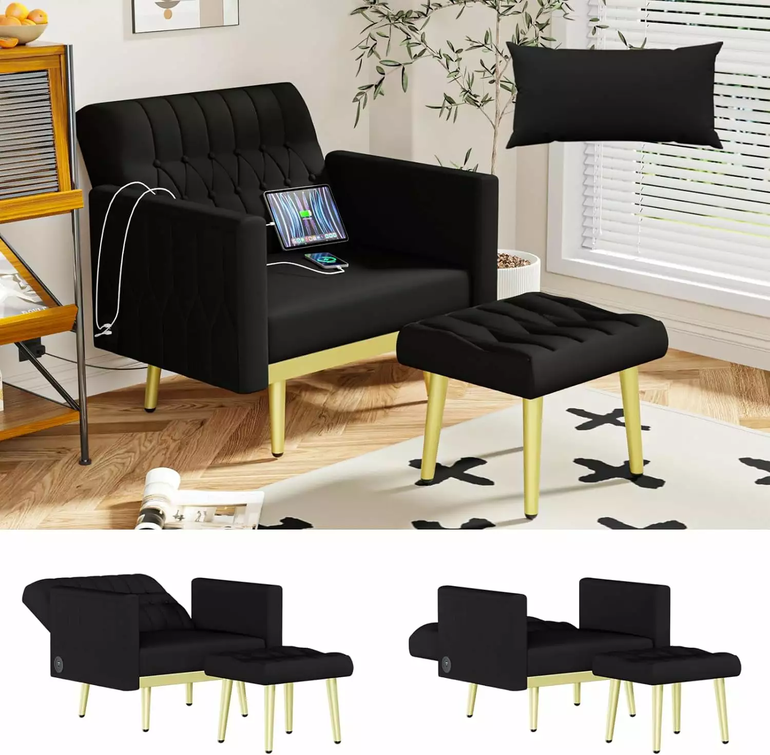 Fabric Push Back Recliner Chair Mid Century Tufted Single Comfy Reading Sofa Chair Puapli