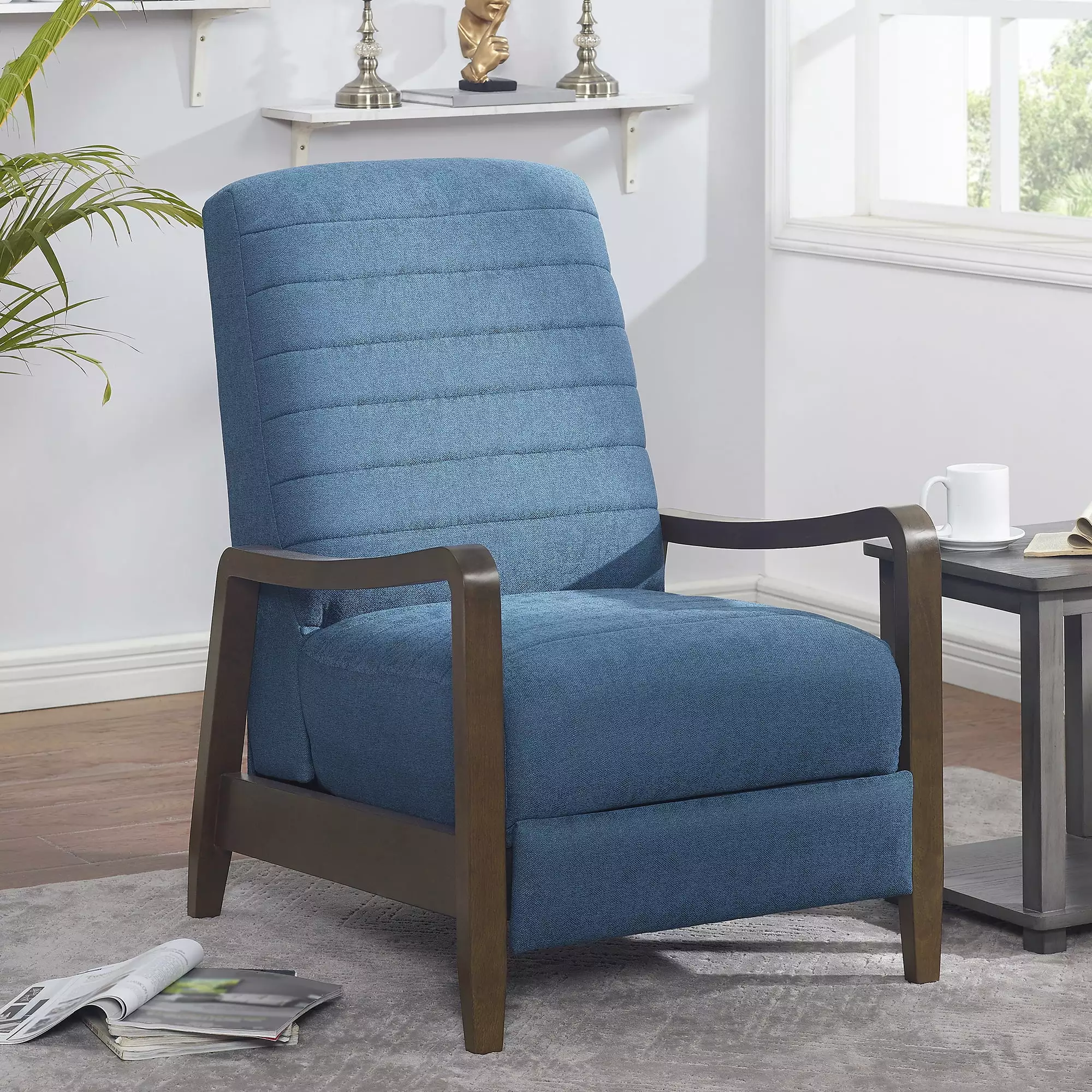 Push Back Recliner Wooden Arms Navy Blue Modern Living Room Wobythan
