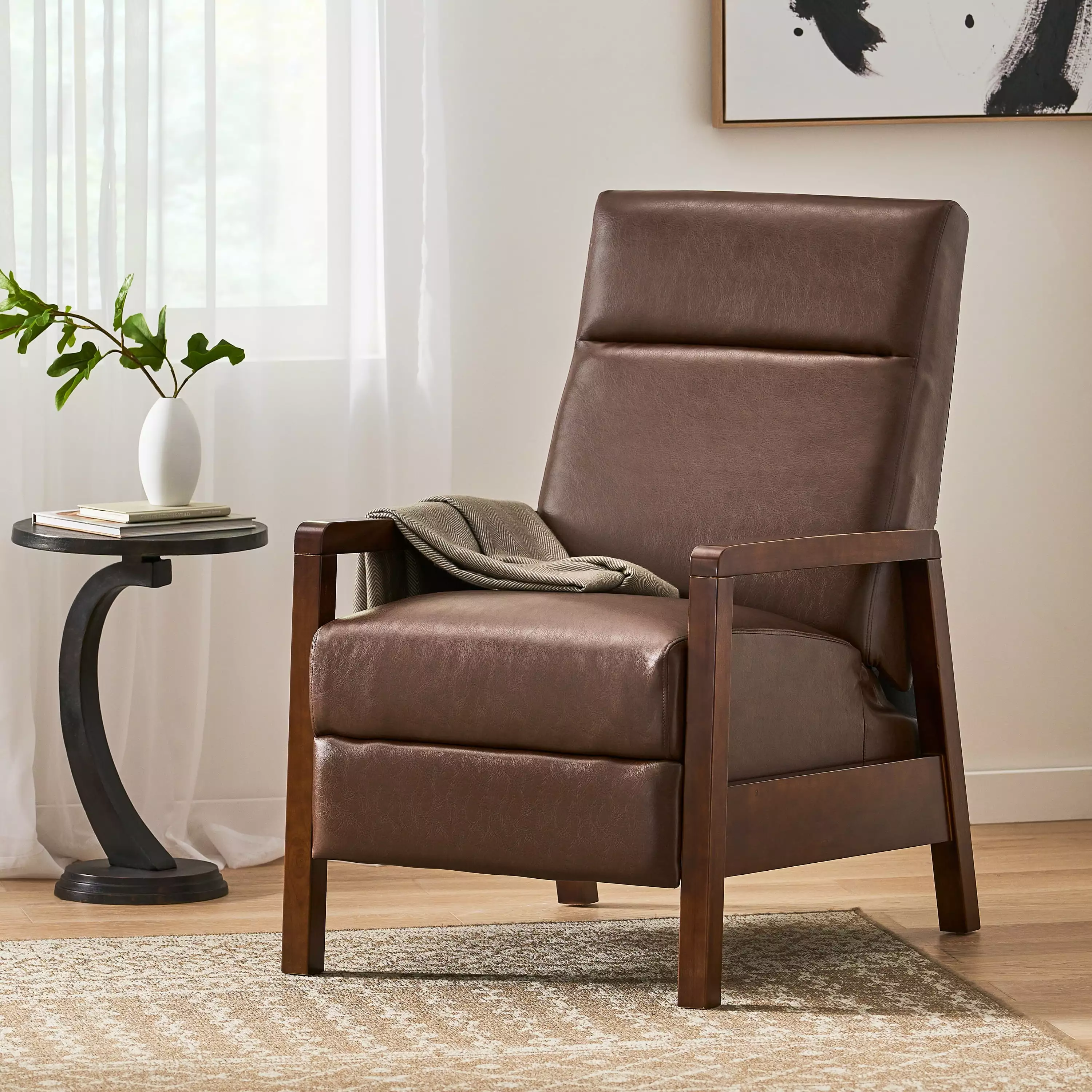 Faux Leather Upholstered Pushback Recliner Dark Brown Living Room Jamini