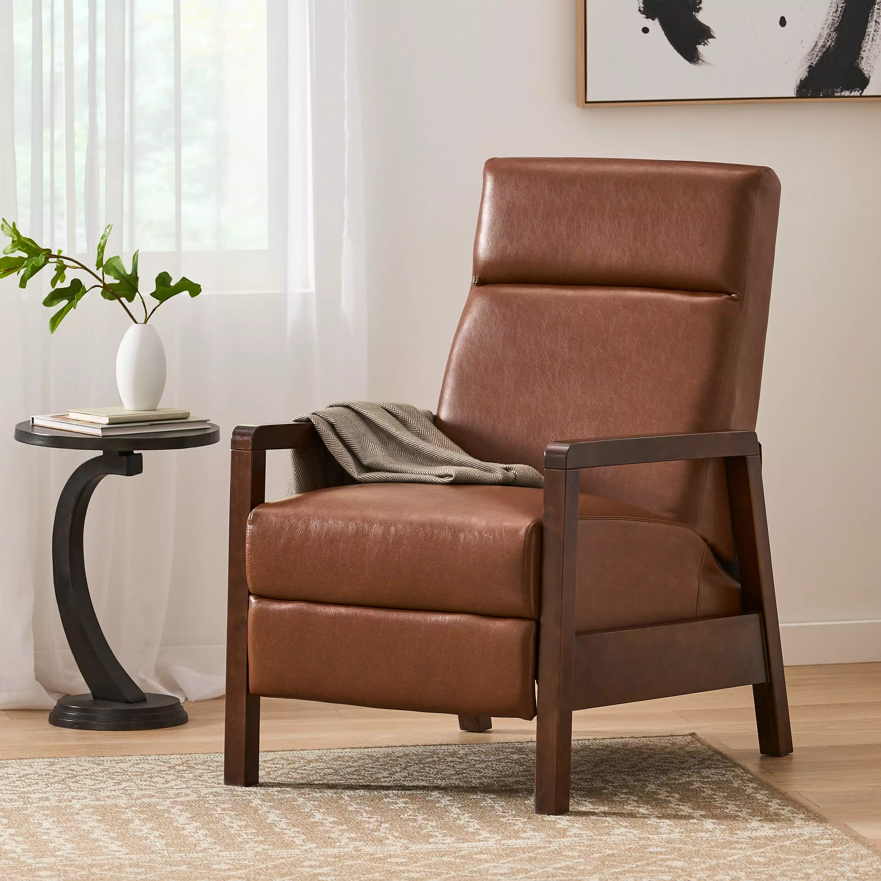 Faux Leather Upholstered Pushback Recliner Light Brown Living Room Jamini