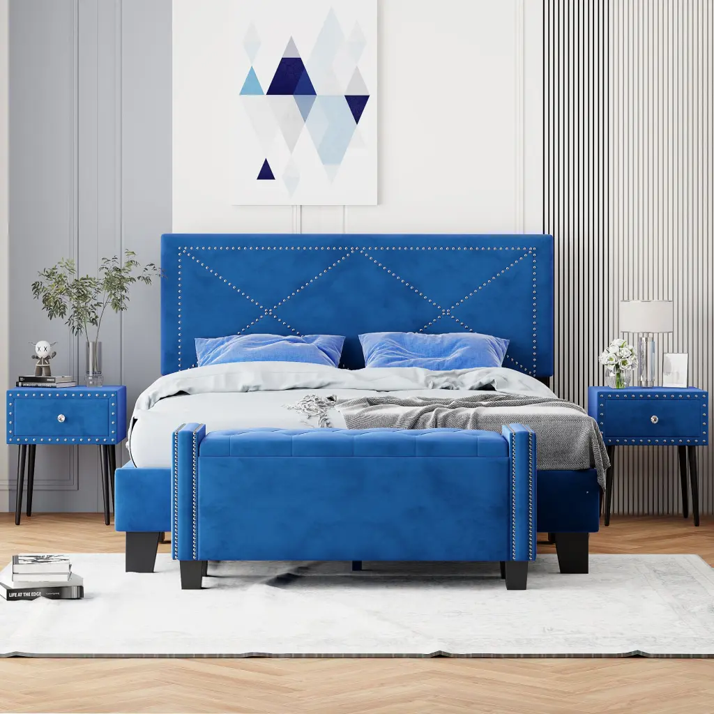 4 Piece Bedroom Set Queen Size Upholstered Bed Frame Rivet Design homey life