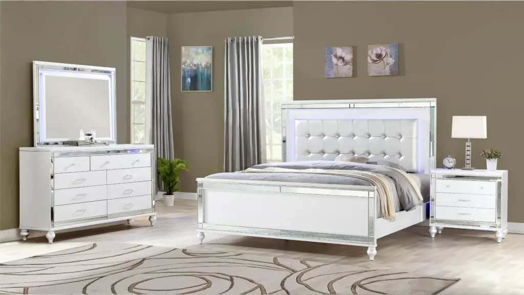 Sterling Queen 4 Piece LED Bedroom Set Wood White Color Elegant Bedroom galaxy home furnishings