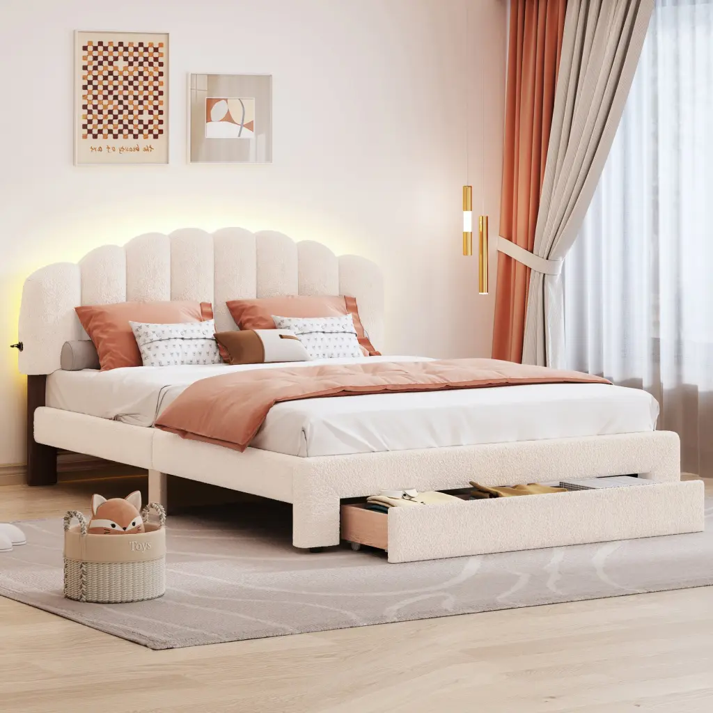 Beige Teddy Fleece Queen Size Upholstered Platform Bed Drawer lucky world
