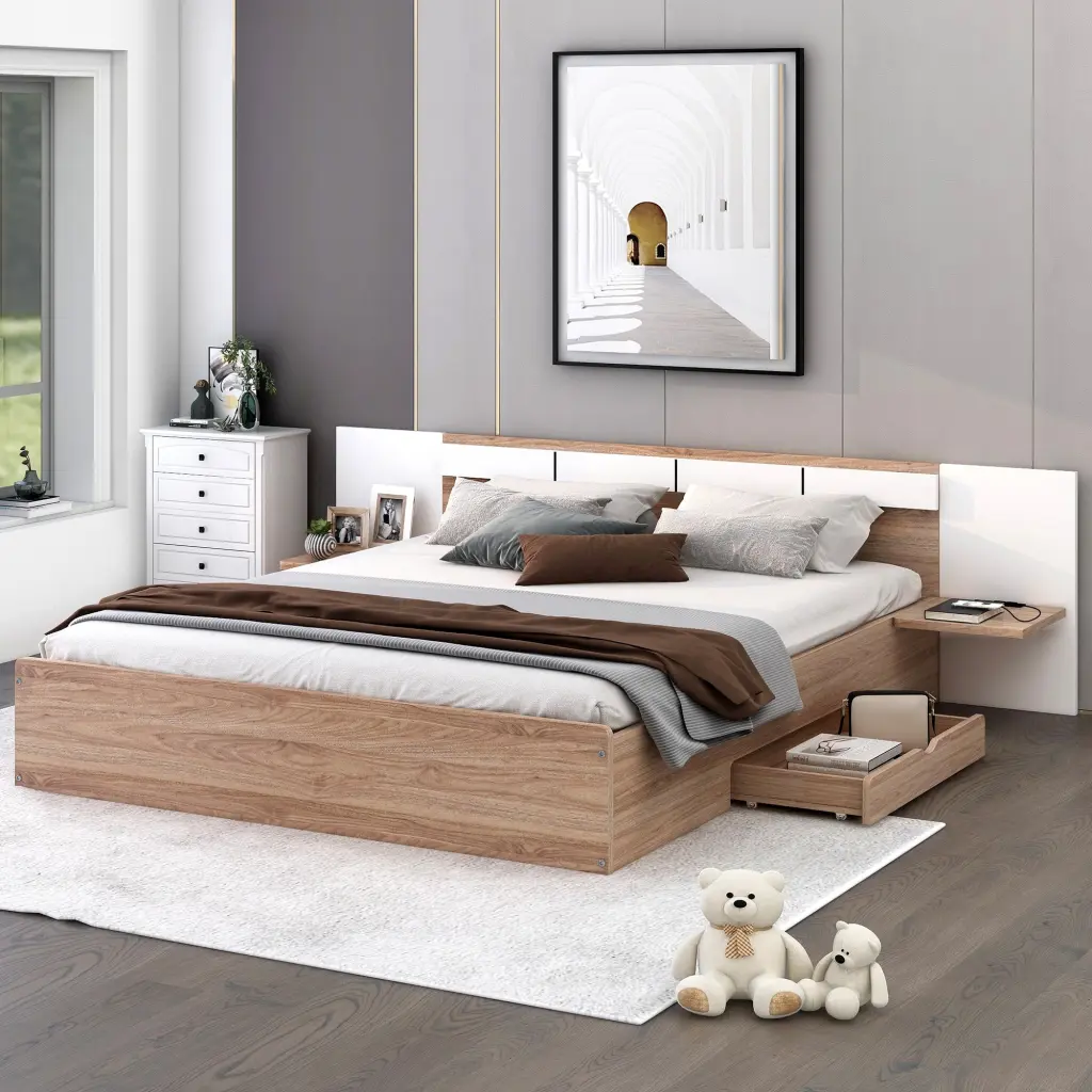 Queen Size Platform Bed Headboard Drawers Shelves USB Ports wm store