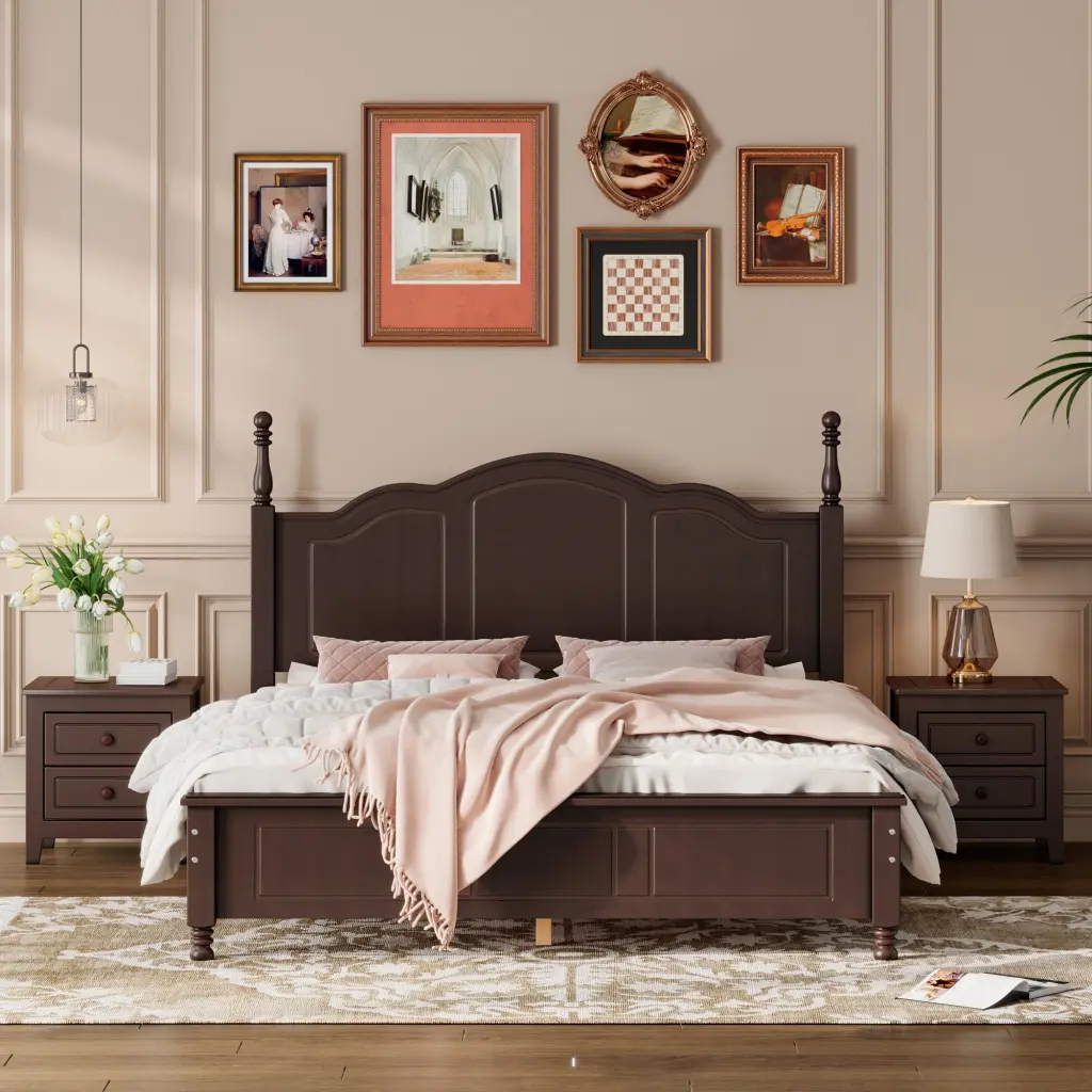 3 Piece Queen Size Wood Platform Bedroom Set Two Nightstands rnb