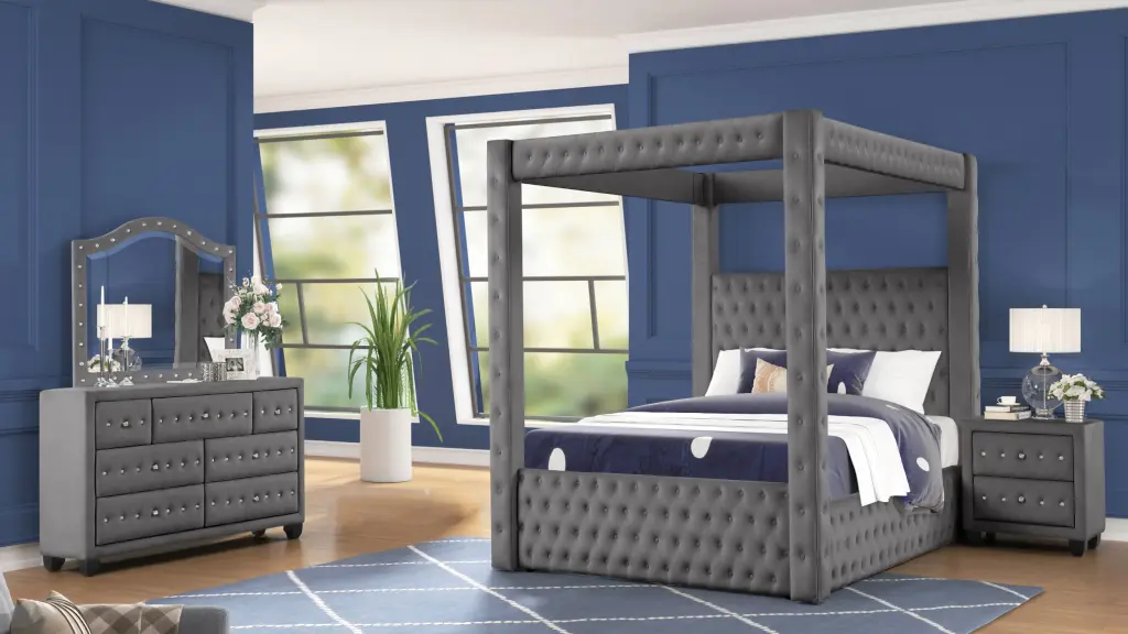 Monica Opulent Four Poster Queen 4 Piece Bedroom Set Made Solid Wood galaxy home furnishings