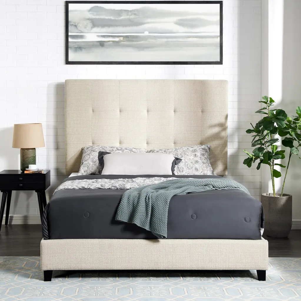 Queen Size Beige Tufted Upholstered Platform Bed Box Spring Required Queen Bed Frame bridgevine home