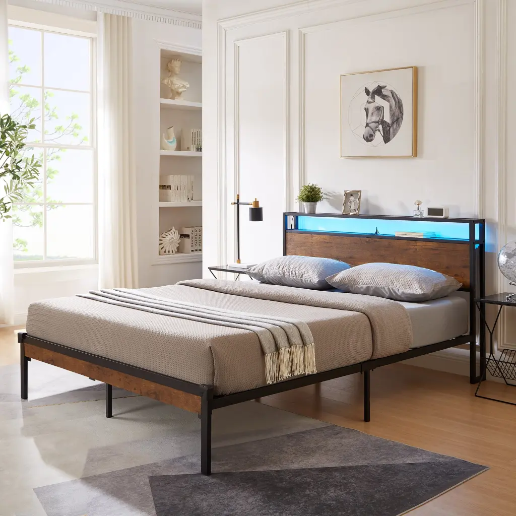 Queen Size Metal Platform Bed Frame Wooden Headboard and Footboard civilfurniture