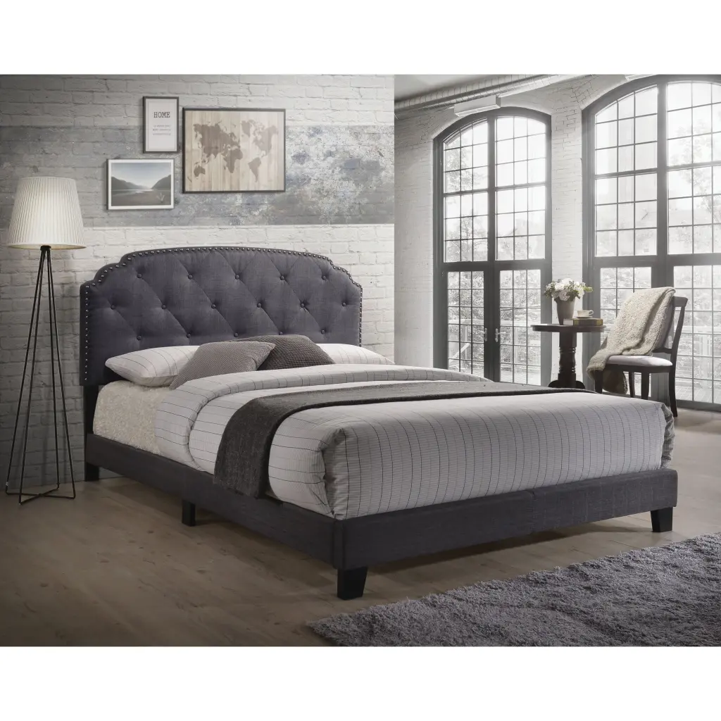 Grey Upholstered Queen Bed Box Spring Required - Wood Bedroom Furniture furniture max
