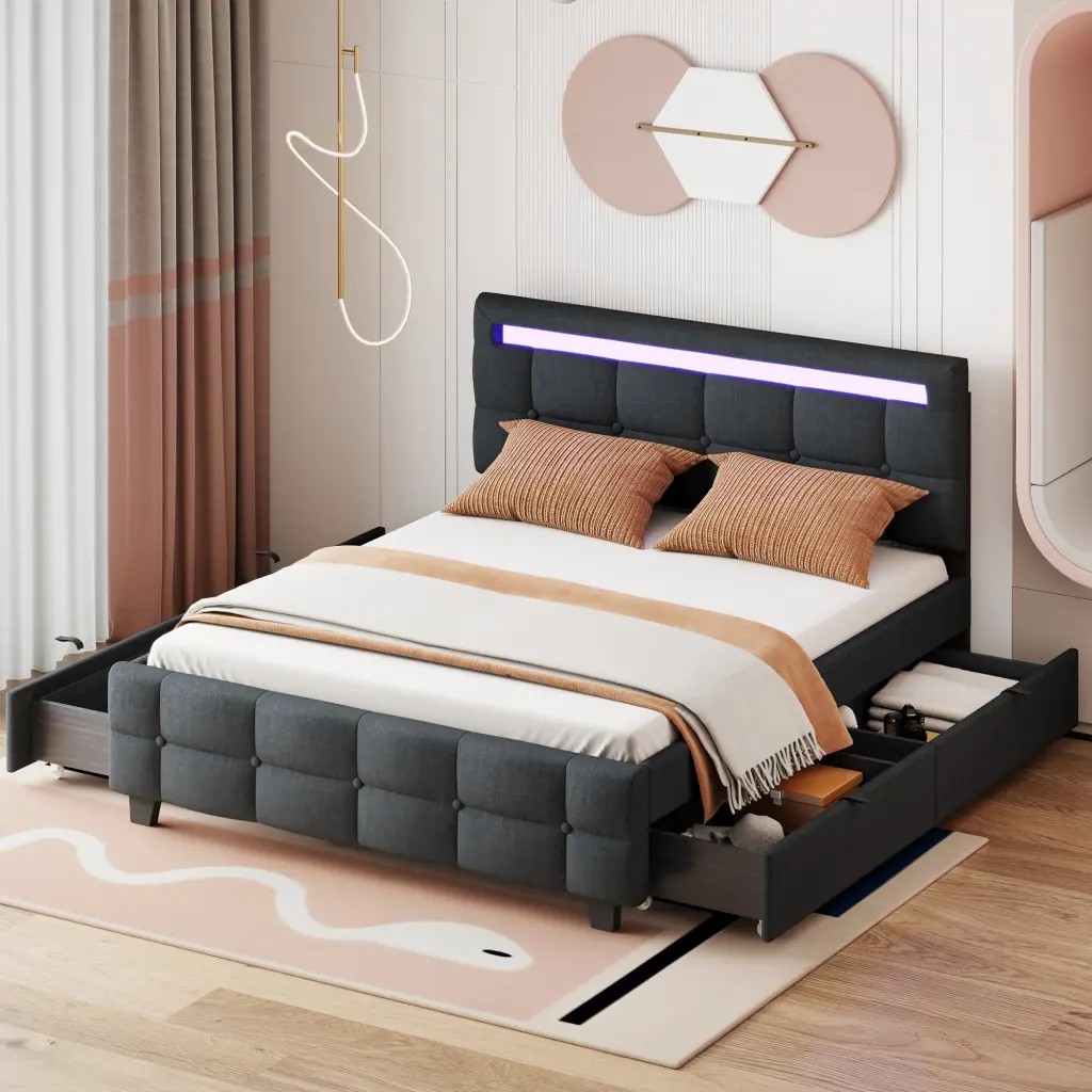 Queen Size Upholstered Platform Bed LED Frame and 4 Drawers lucky world