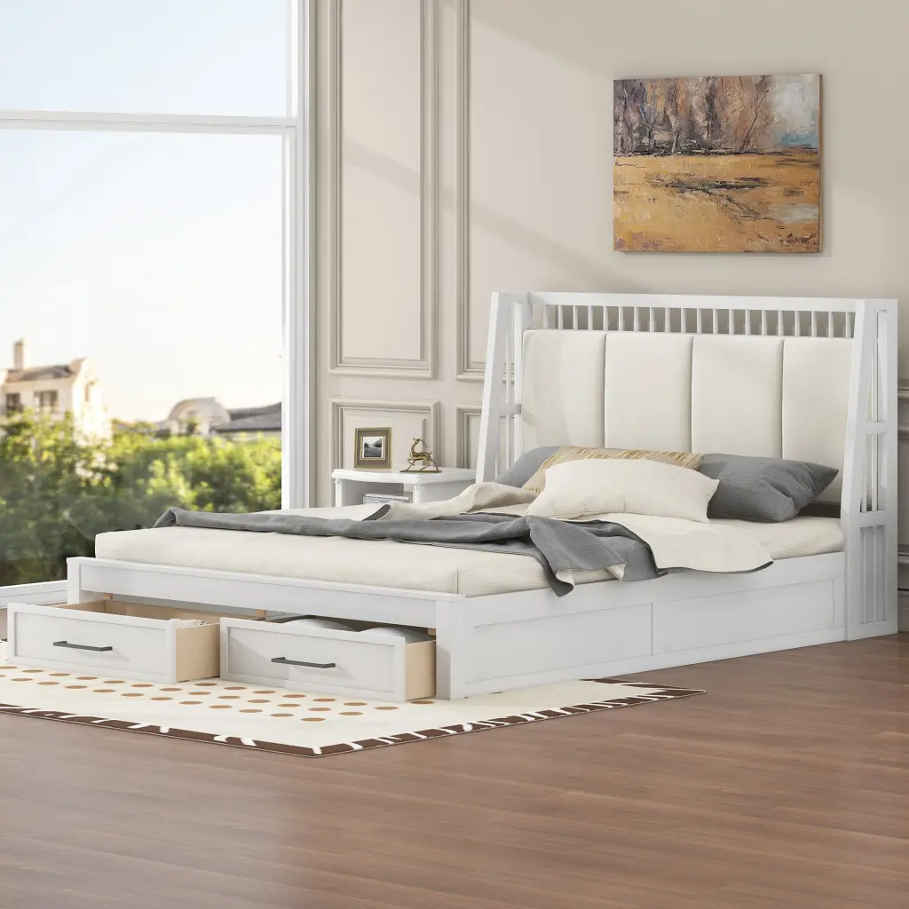 Queen Size Wood Platform Bed Upholstered Headboard And 2 Drawers wm store