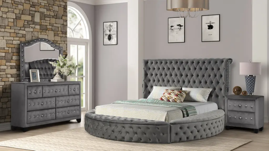 Hazel Queen 4 Piece Tufted Upholstery Bedroom Set Wood Frame Gray galaxy home furnishings