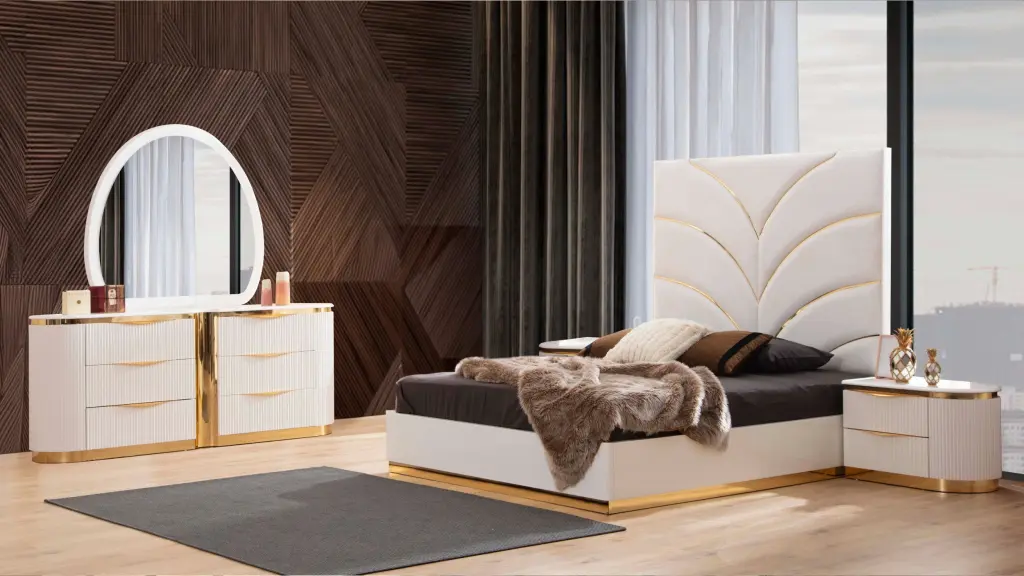 Laura Gold Upholstery Queen Bed 5 Piece Wooden White Bedroom Set galaxy home furnishings