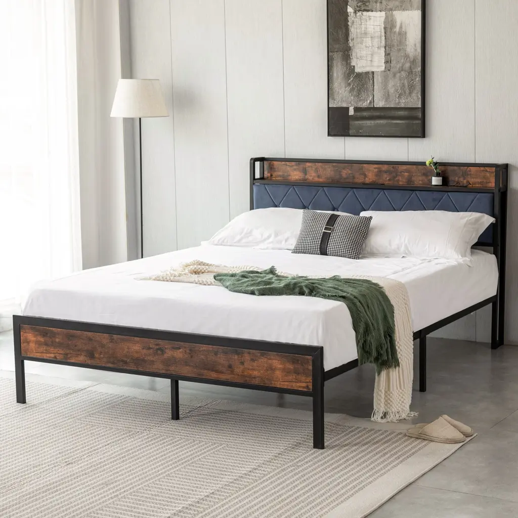 Black Queen Metal Bed Frame Upholstered Headboard and Footboard honghai furniture