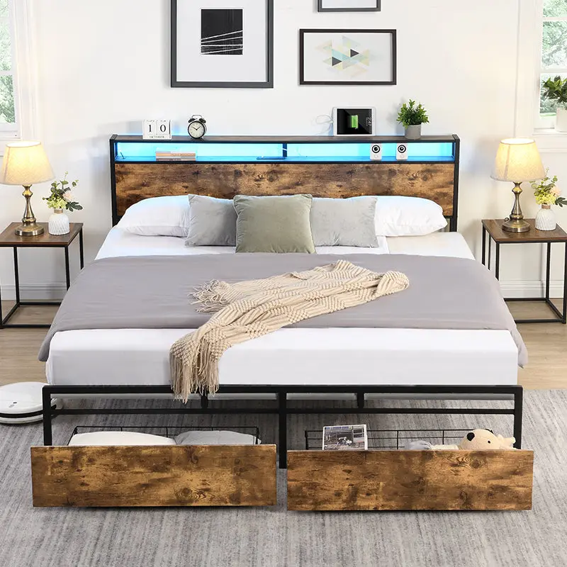 Queen Bed Frame Storage Headboard and Charging Station, Sturdy and Stylish rnb