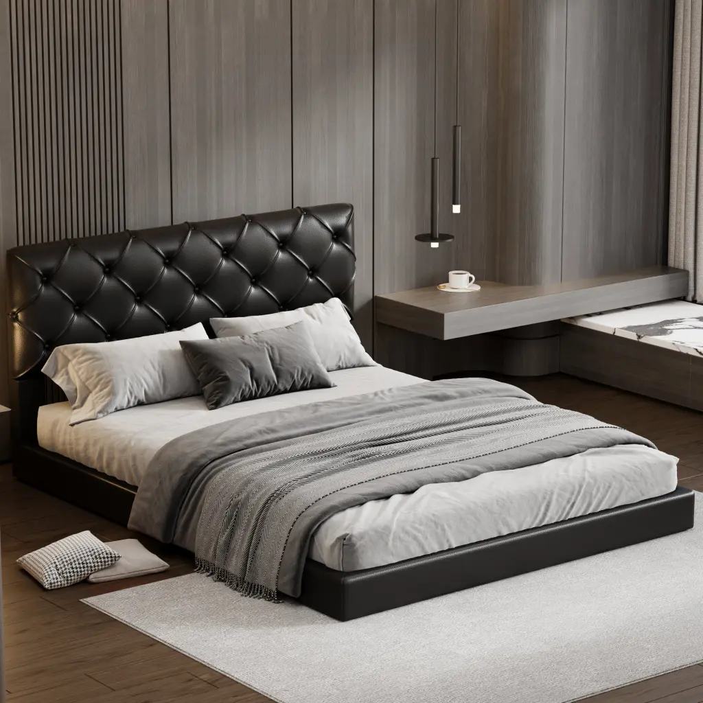 Queen Size Tufted Upholstered Platform Bed Black No Box Spring Required wm dreamland
