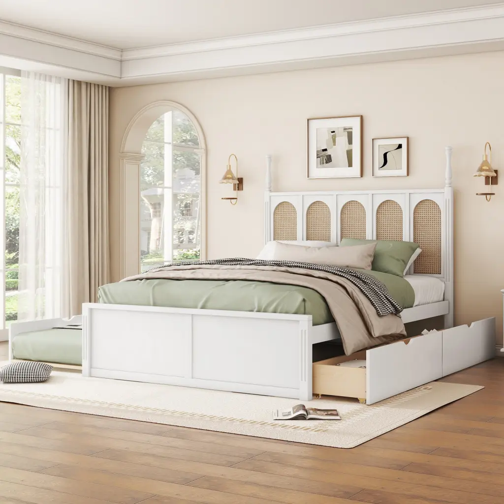 Queen Size Rattan Platform Bed 2 Big Drawers and T Size Trundle lucky home