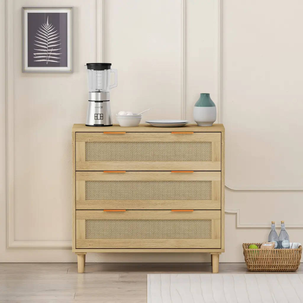 31.5 Inch Rattan Storage Cabinet 3 Drawers Bedroom and Living Room spribung