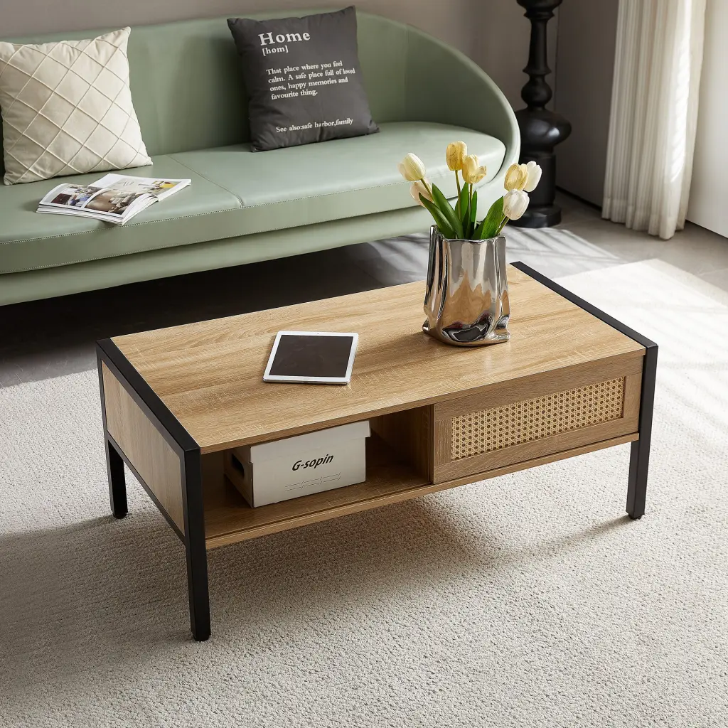 40.16 Inch Rattan Coffee Table Sliding Door Storage Metal Legs Modern Side Table sya furniture