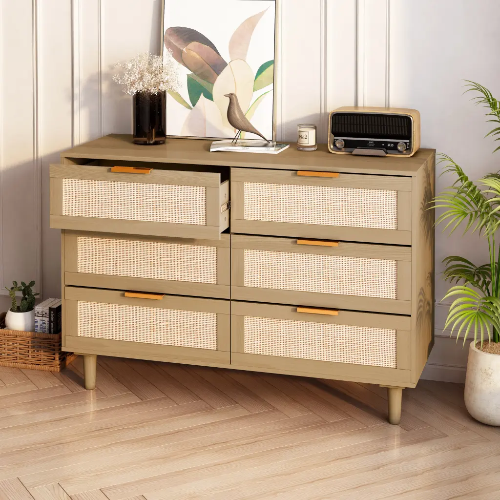 6 Drawers Rattan Dresser Bedroom and Living Room Oak Particle Board spribung