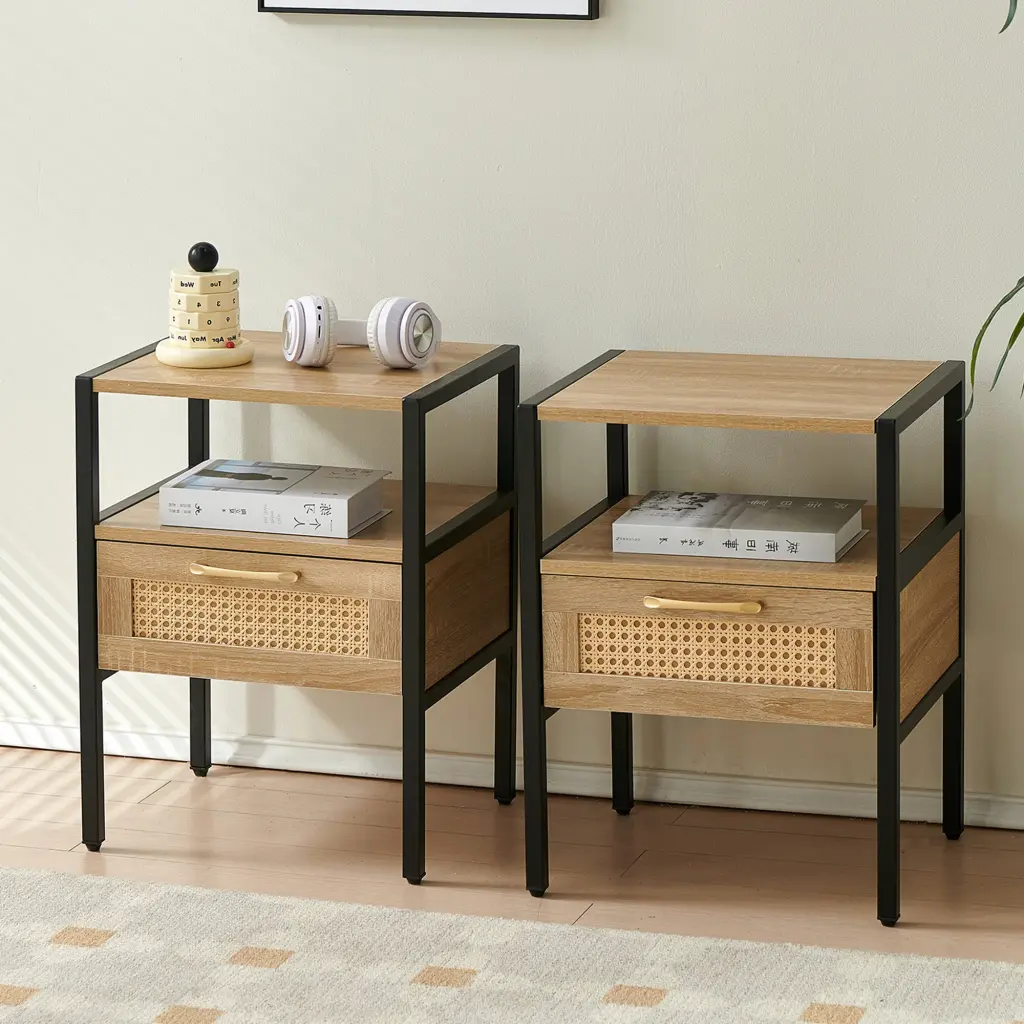 Set 2 Rattan End Tables Drawer Modern Nightstand Metal Frame Side Tables sya furniture