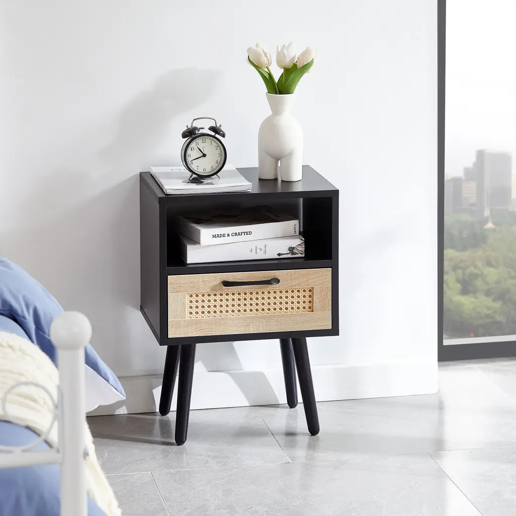 15.75 Inch Rattan End Table Drawer and Solid Wood Legs Modern Nights sya furniture