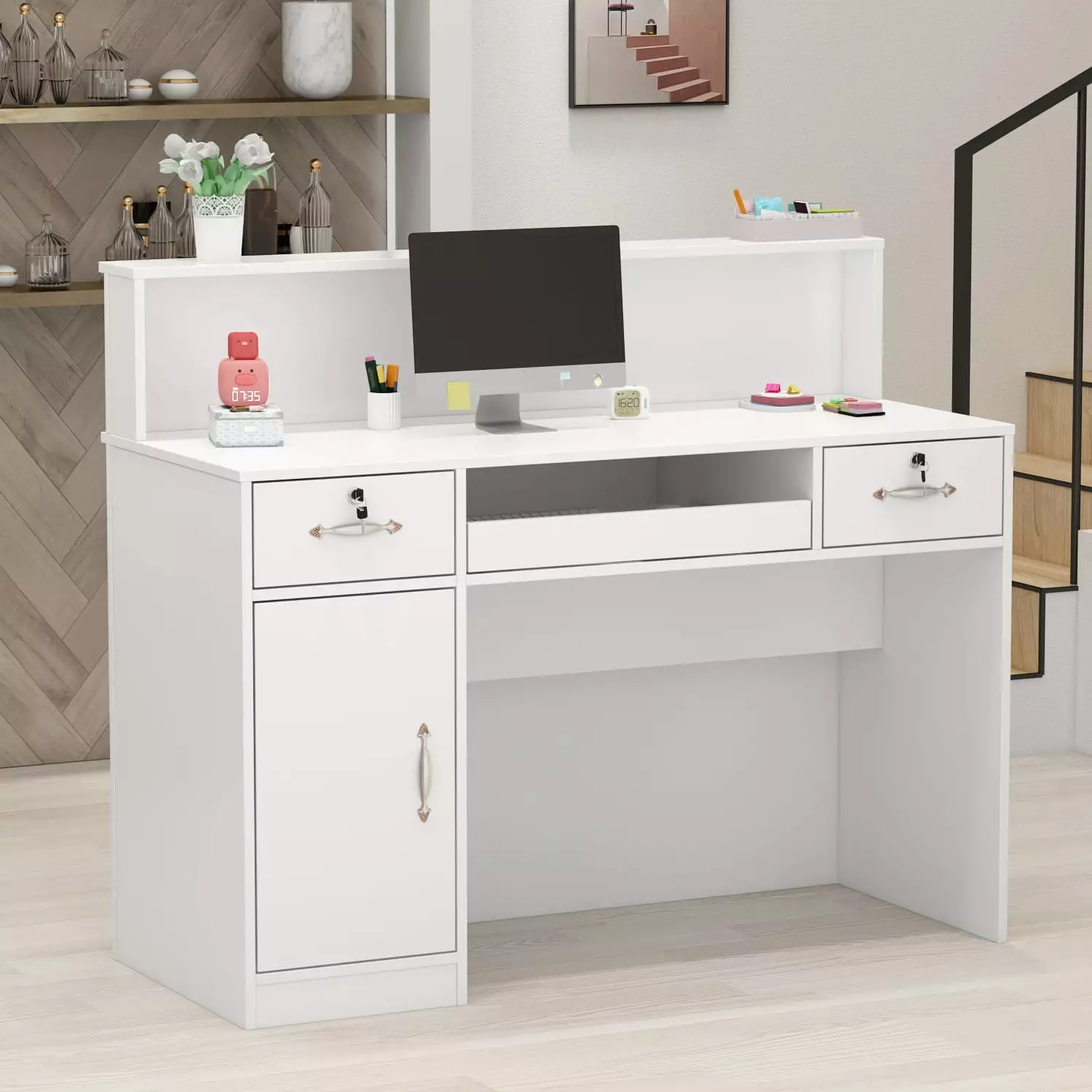 AIEGLE Front Reception Station Office Reception Desk Drawer Hutch and Cabinet White
