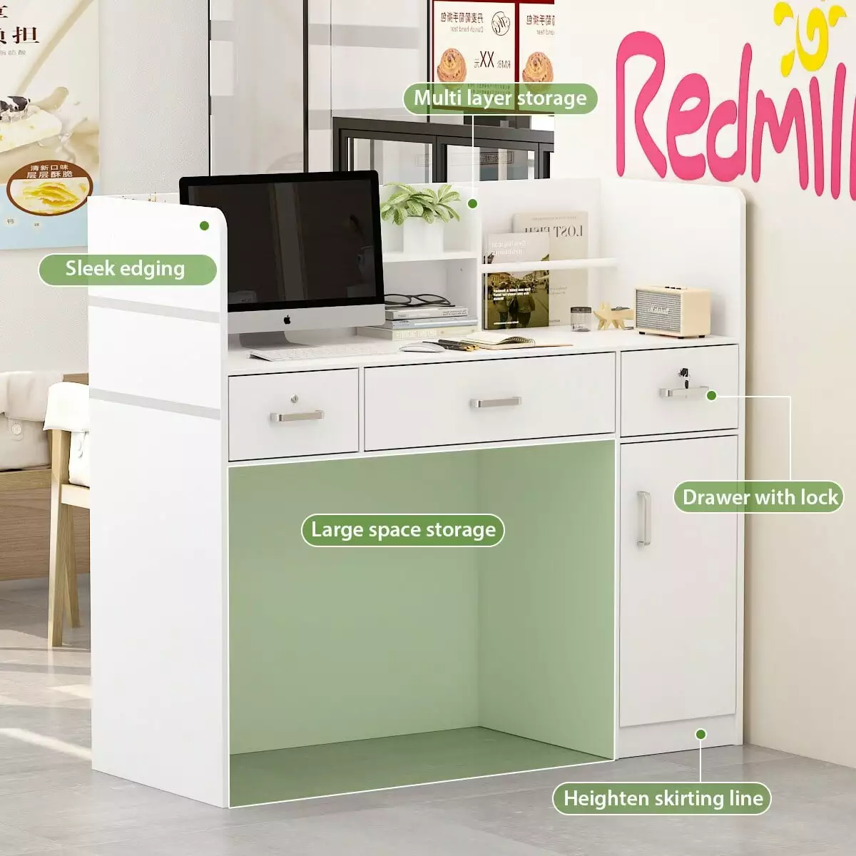 Timechee White Reception Desk Front Counter Table Drawer and Shelf Bed Bath & Beyond