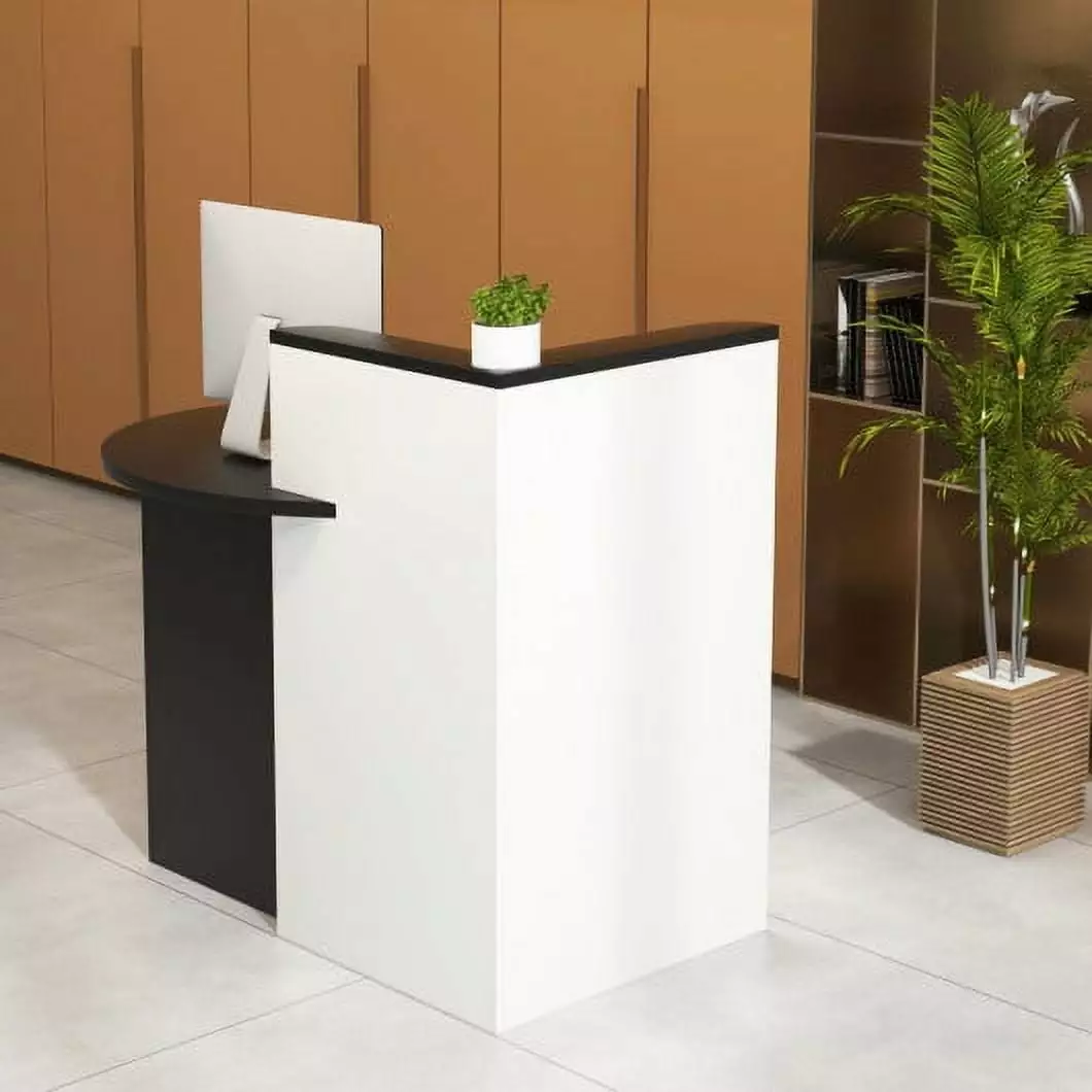 Front Reception Office Desk Open Shelf and Lockable Drawer Black & White CostwayINC