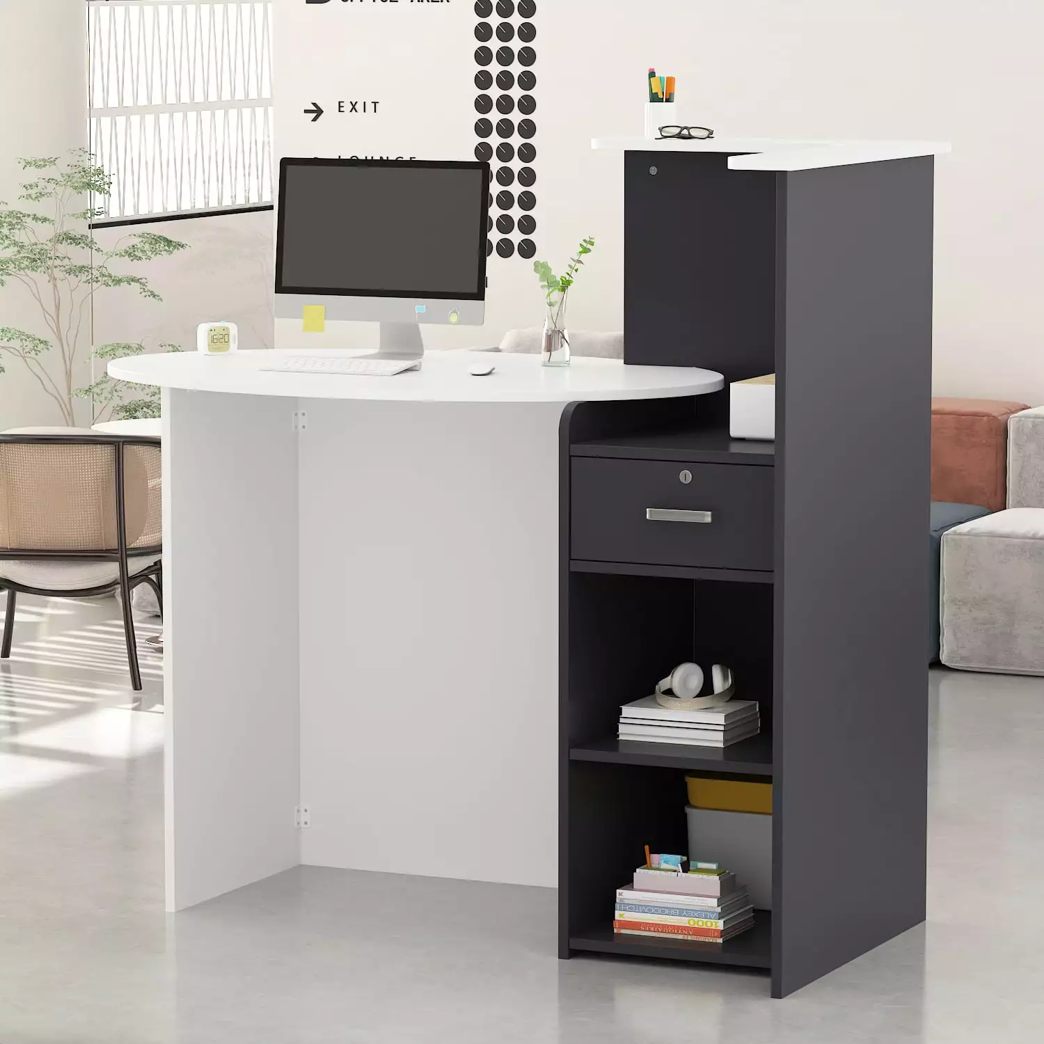 FUFU&GAGA Reception Desk Modern Office Front Desk Locked Drawer and Open Shelf FUFU & GAGA