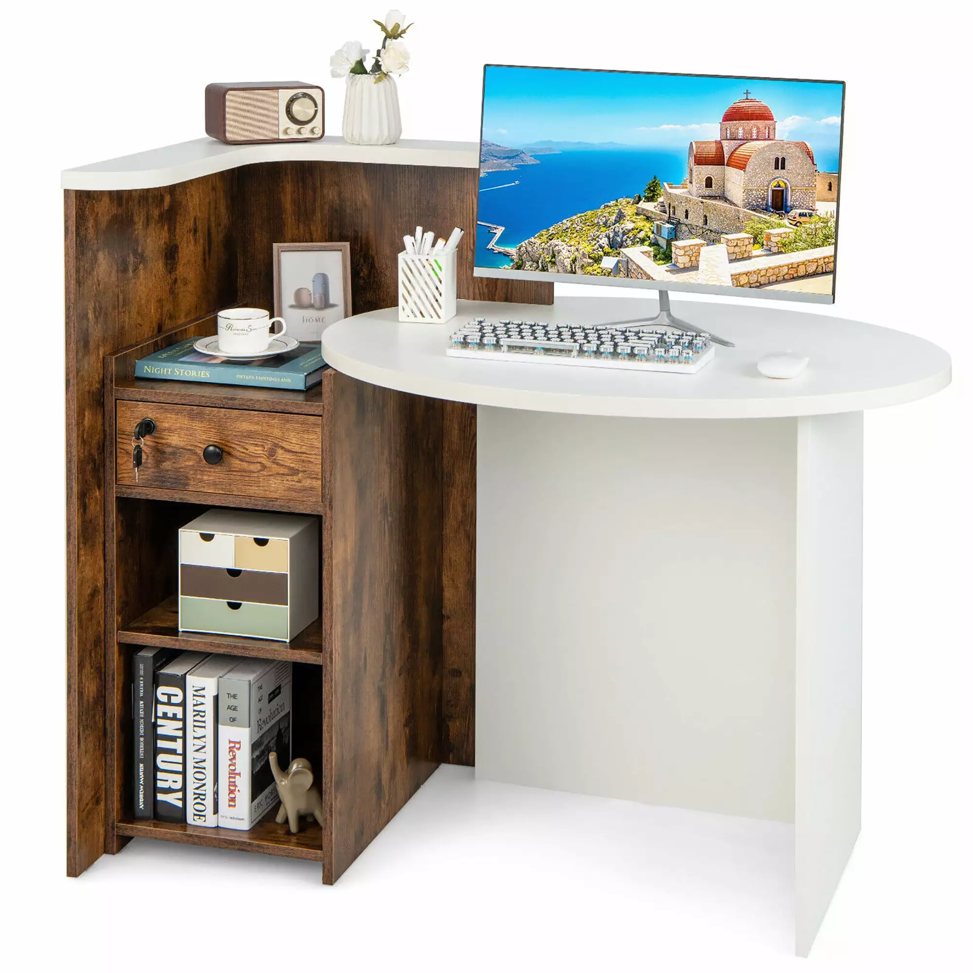 Gymax Front Reception Counter Desk Checkout Office Desk Open Shelf and Lockable Drawer