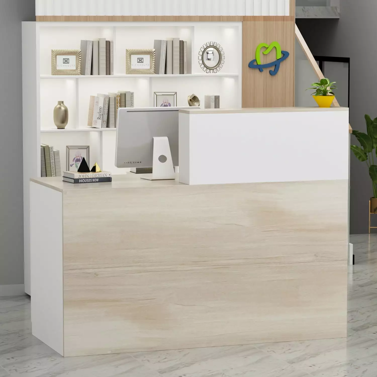 OXYLIFE L-Shape Reception Desk Hutch and Lockable Drawer Front Office Counter