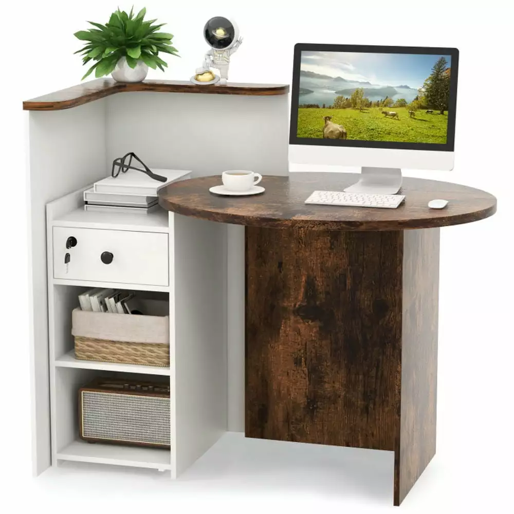 Resenkos Brown & White Front Reception Office Desk Open Shelf and Lockable Drawer Home Office