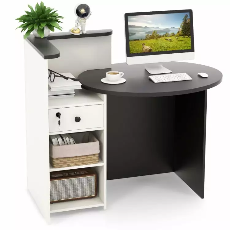 Spaco Reception Office Desk Lockable Drawer and Open Shelf - Black & White Computer Workstation