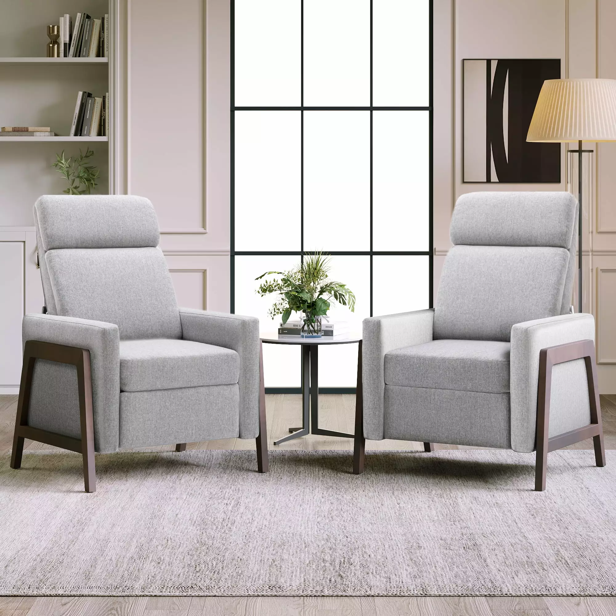DeeHome Set Two Wood-Framed Upholstered Recliner Chairs Gray Home Theater Seating