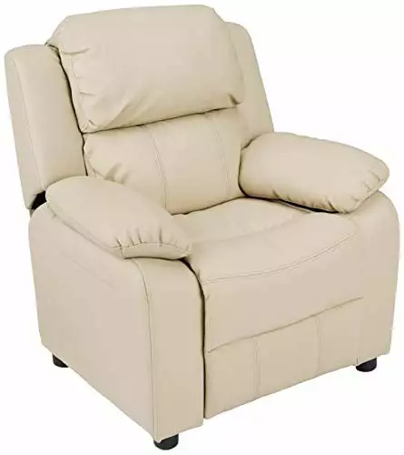 Basics LeatherSoft Kids Youth Recliner Armrest Storage Beige Children's Chair