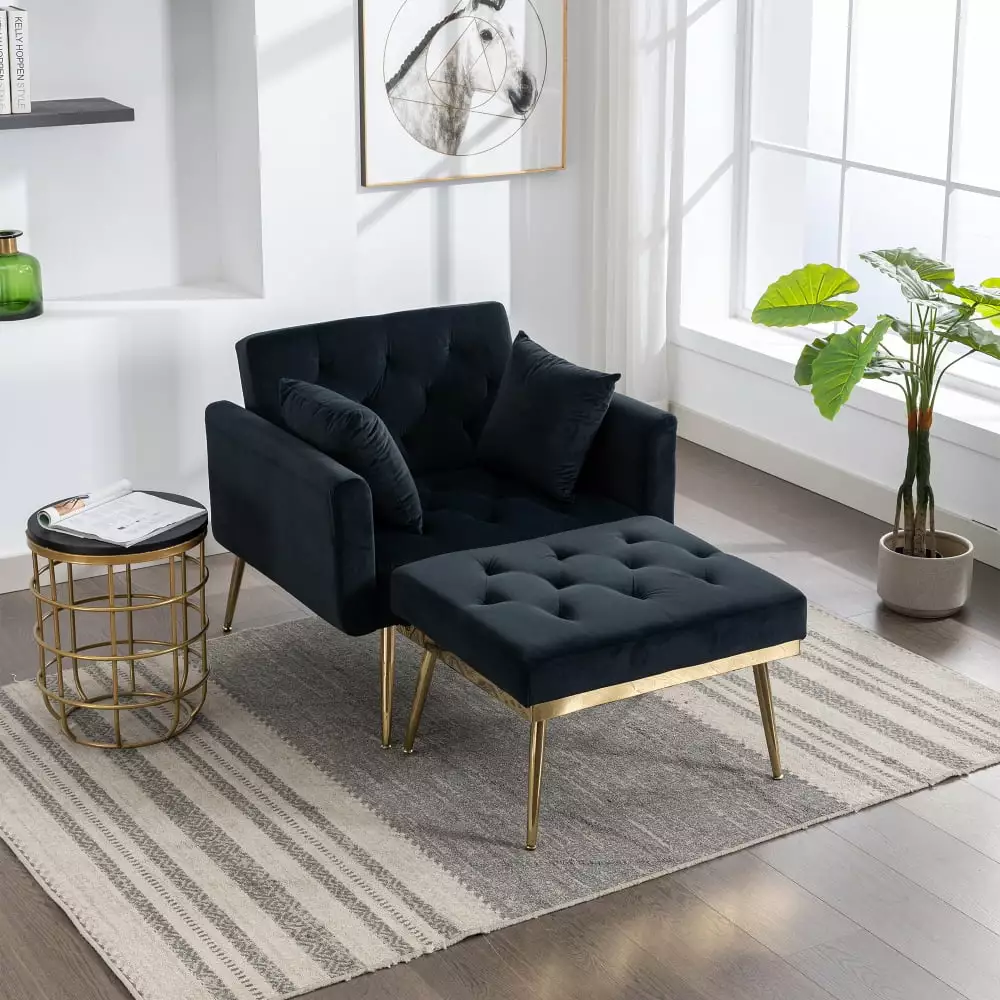 DeeHome 36.61'' Wide Modern Accent Chair Ottoman and Gold Legs Black
