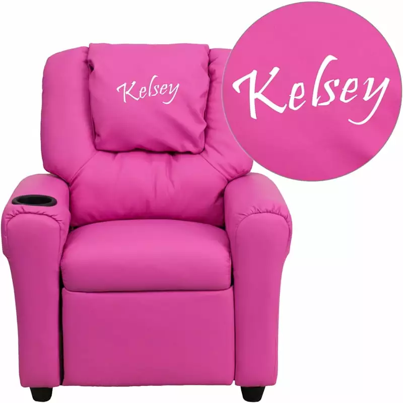 Flash Furniture Personalized Hot Pink Vinyl Kids Recliner Cup Holder and Headrest