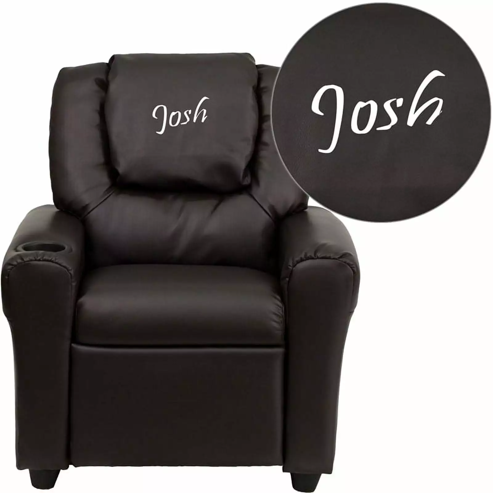Personalized Brown LeatherSoft Kids Recliner Cup Holder and Headrest Flash Furniture