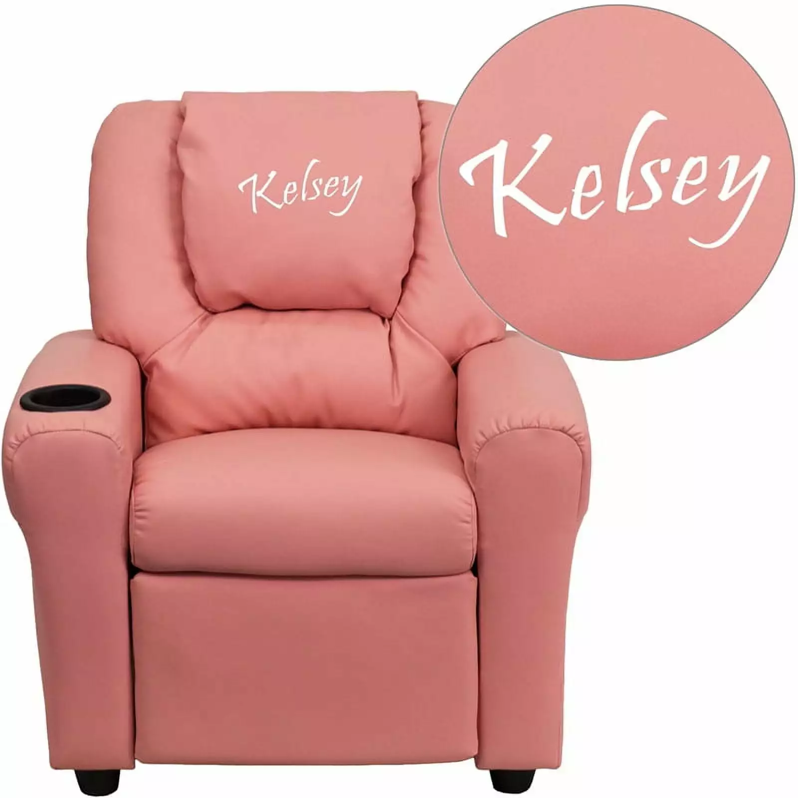 Personalized Pink Vinyl Kids Recliner Cup Holder and Headrest Flash Furniture