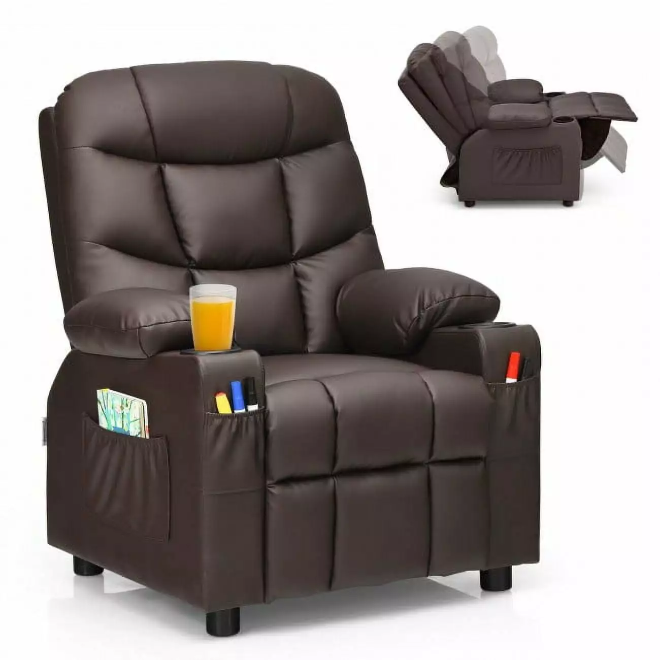 PU Leather Kids Recliner Chair Cup Holders and Side Pockets Brown Generic