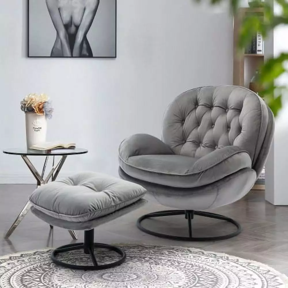 Swivel Accent TV Chair Ottoman Modern Velvet Armchair Living Room Bedroom Gray INCLAKE