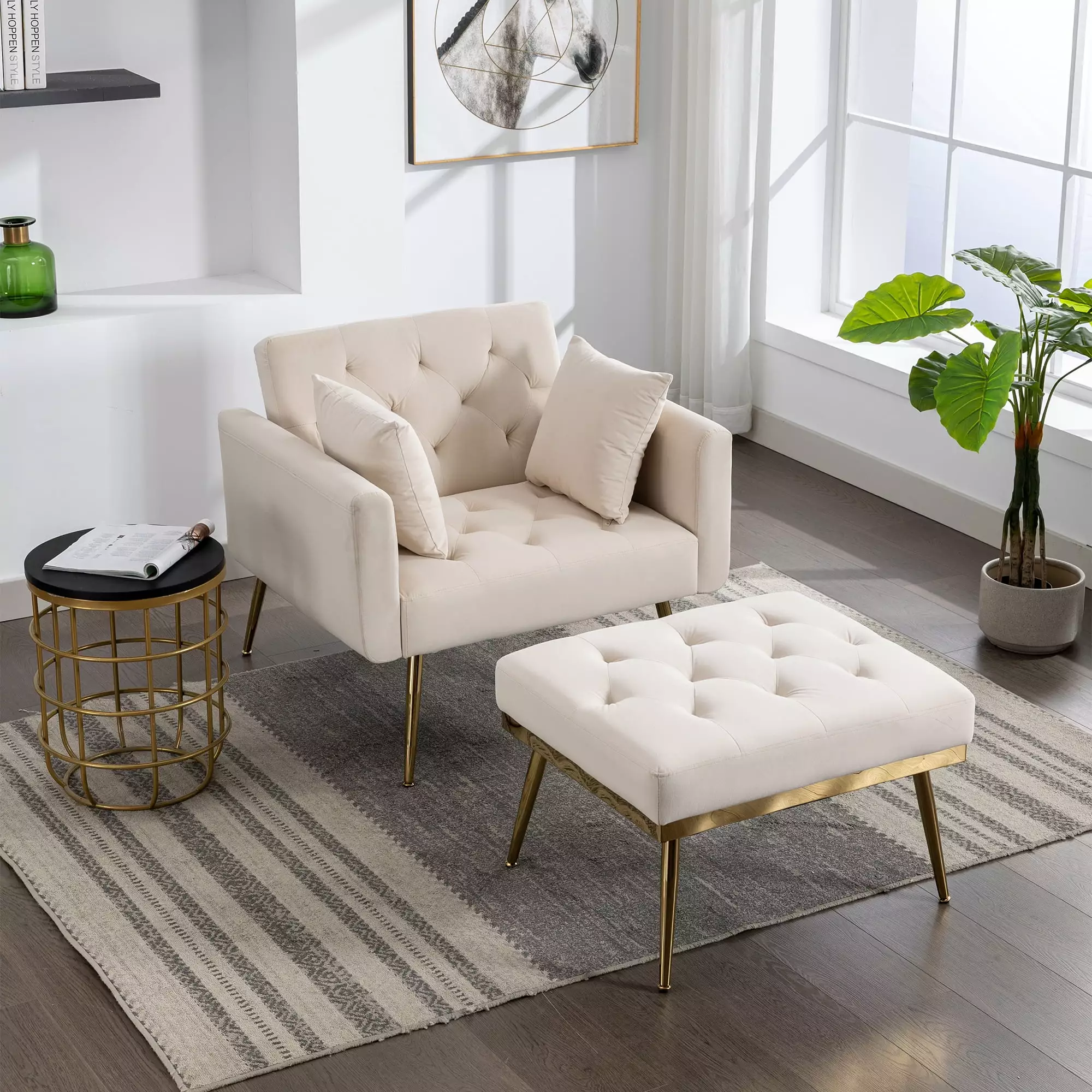 36.61'' Wide Modern Accent Chair Adjustable Backrest and Ottoman Beige Tufted Chaise Lounge JUSTSHIK